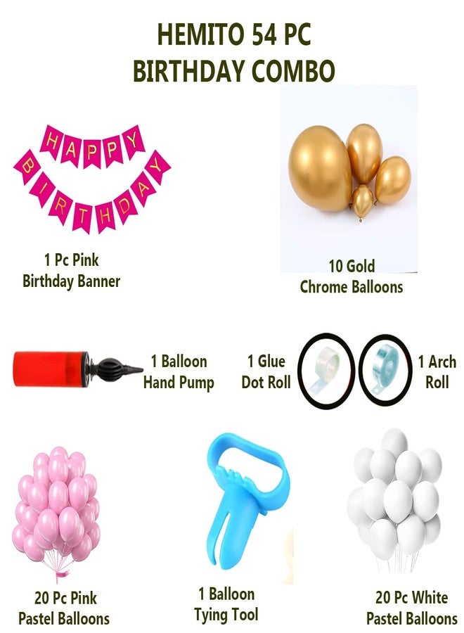 Hemito Birthday Decoration Kit 54 pc - Pink White Pastel Balloons Combo with Birthday Banner, Arc, Glue Dot for Girls Kids Baby Birthday Decoration Items | Birthday Decoration Combo - Image 2